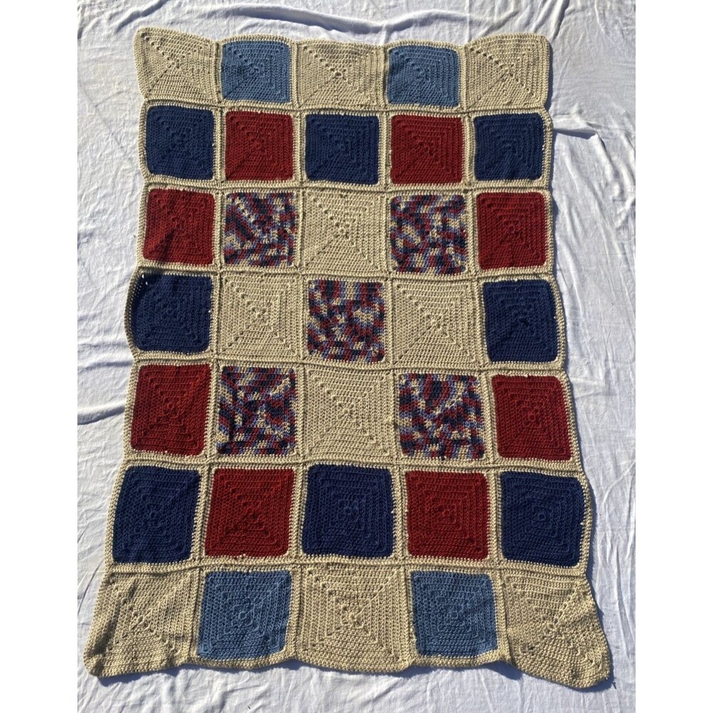 Vtg Granny Knit Crochet Throw Lap Blanket Afghan 57" X 38" Handmade 35 Squares